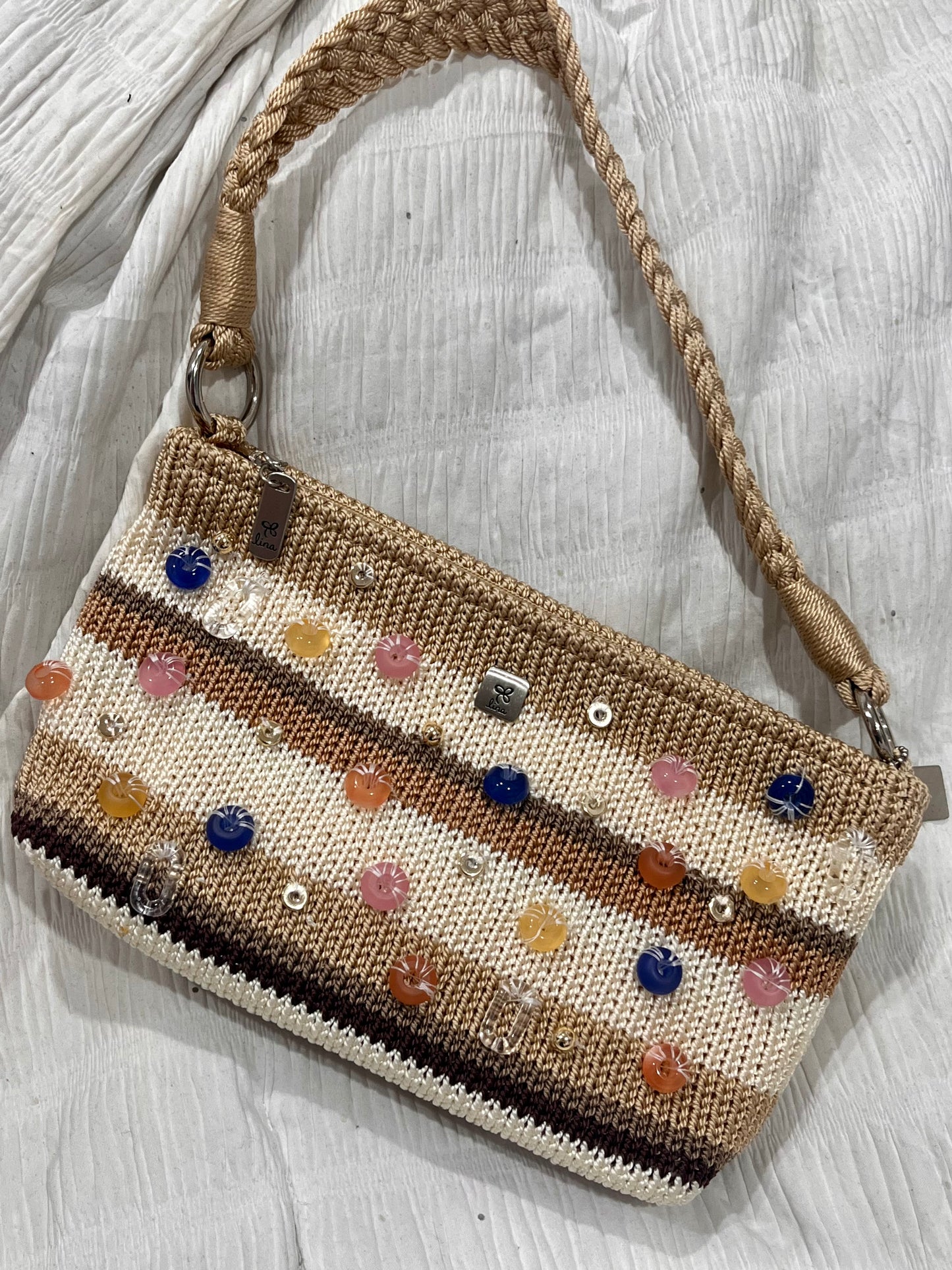 Coffee cream striped beaded purse