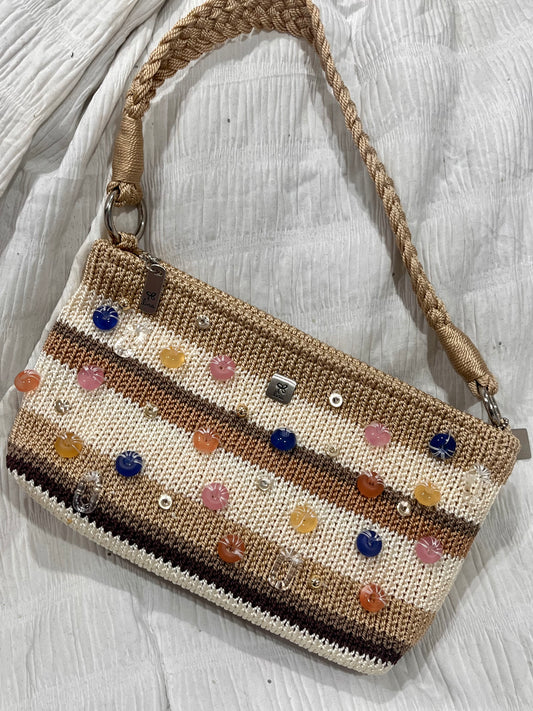 Coffee cream striped beaded purse