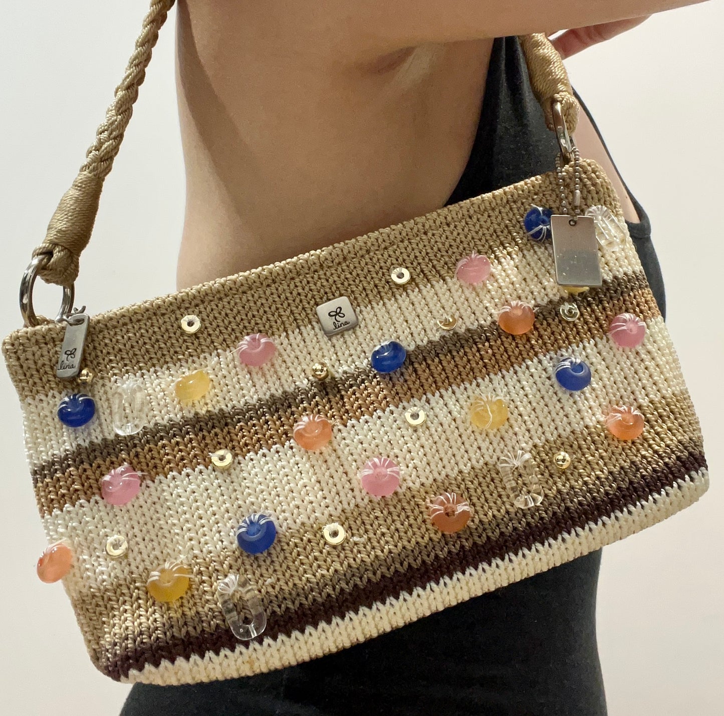 Coffee cream striped beaded purse